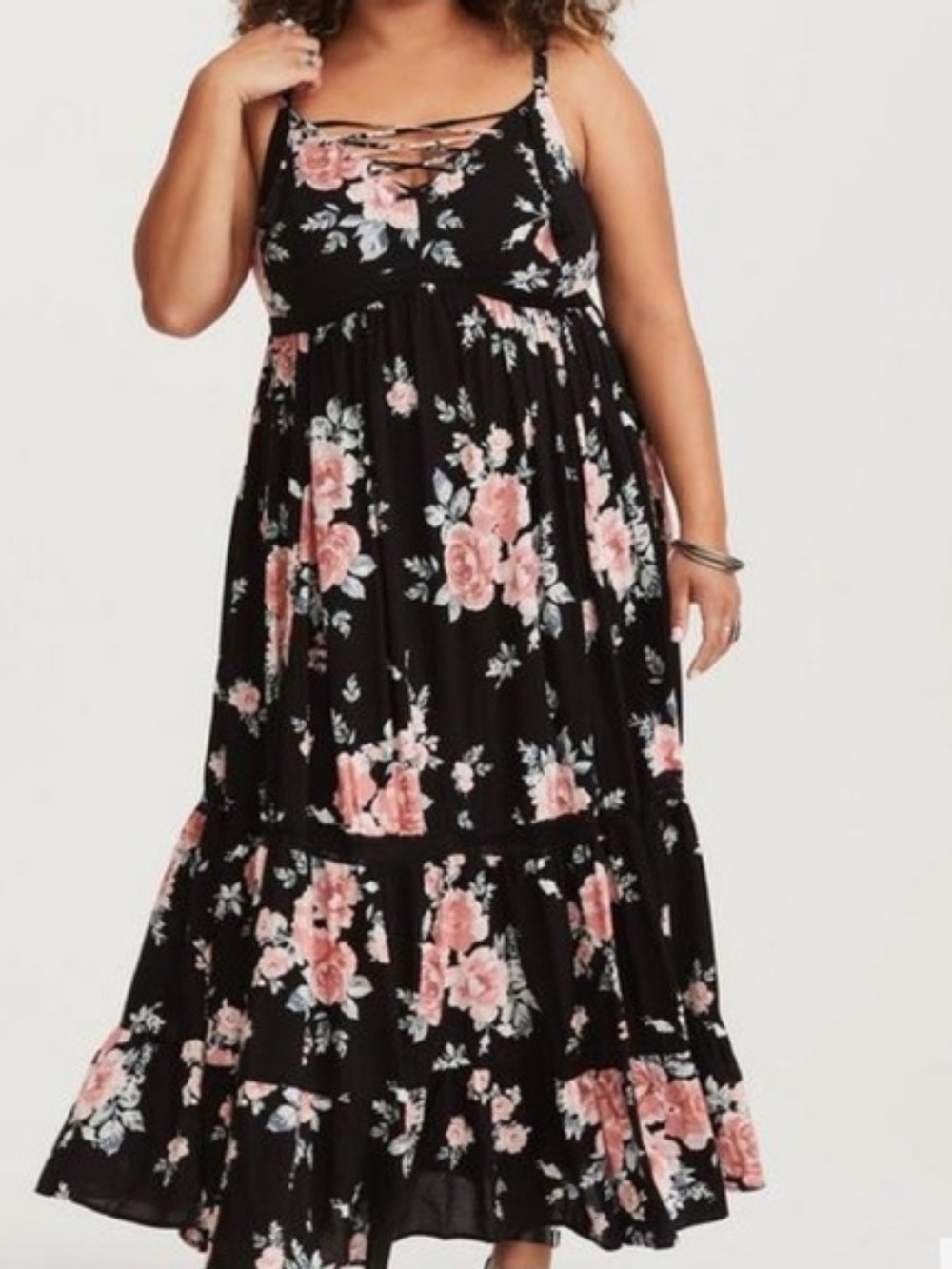Torrid Black Floral Maxi Dress with Pink Roses